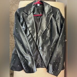 Faux leather blazer w/ rhinestones